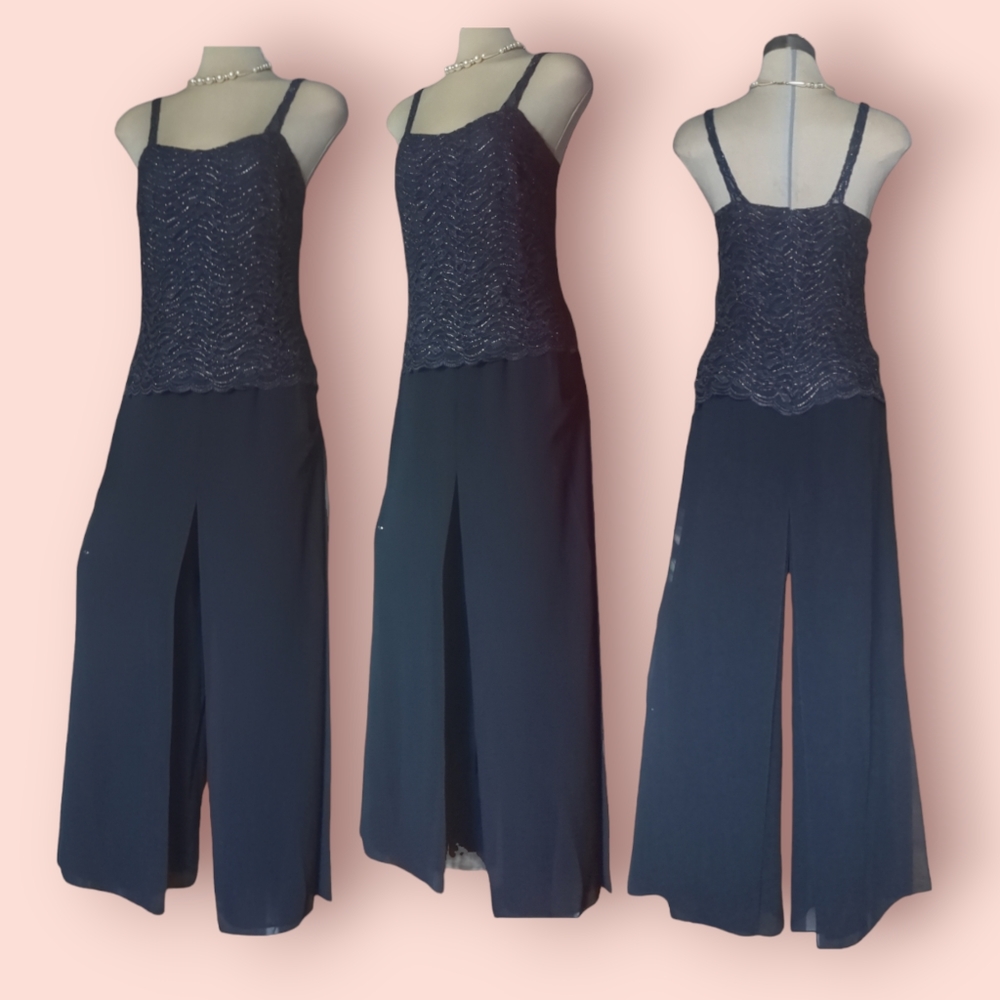 OBLIQUE Luxury Dark Blue Jumpsuit with Elegant Chiffon Skirt Pants Size 8